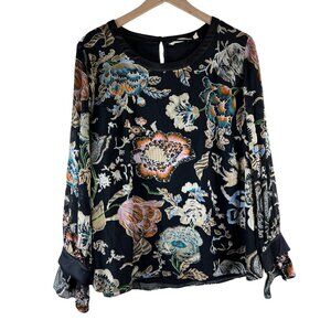 Soft Surroundings Black Floral Long Bell Sleeve Deanna Blouse